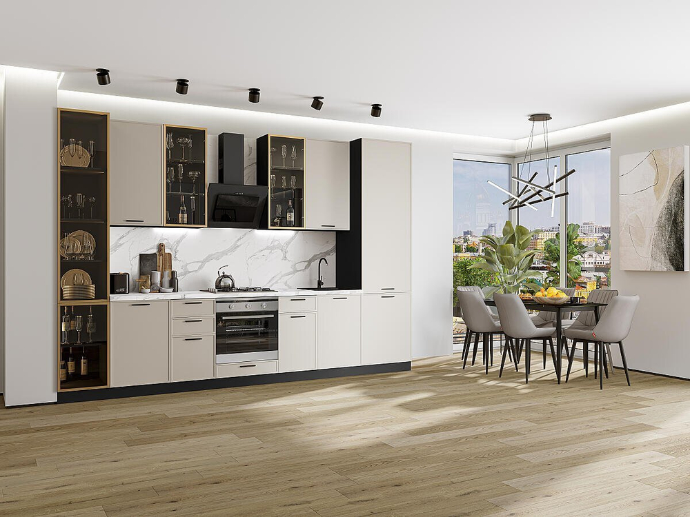 Прямая модульная кухня Фрейм-06 Cream Silk - Graphite 2340*3400*600