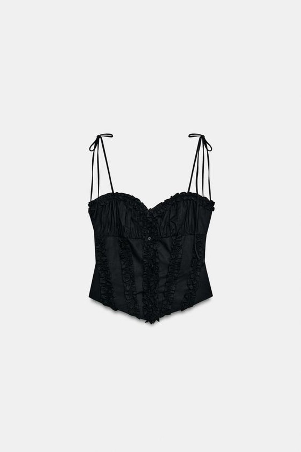 ZARA ТОП ИЗ ПОПЛИНА В ГОРОШЕК С ВОЛАНАМИ, ЧЕРНЫЙ