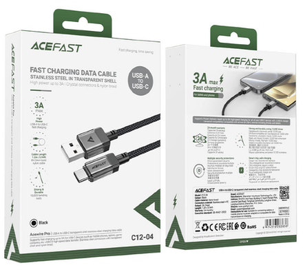 C12-04 USB-A to USB-C transparent shell stainless steel charging data cable