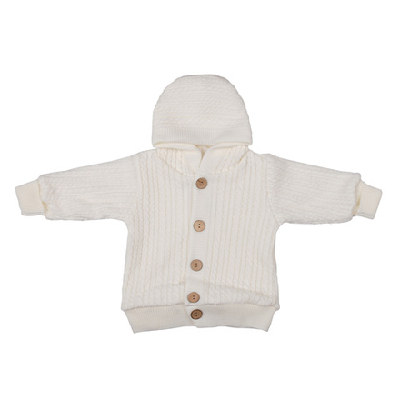 Вязаный молочный жакет на пуговицах с капюшоном