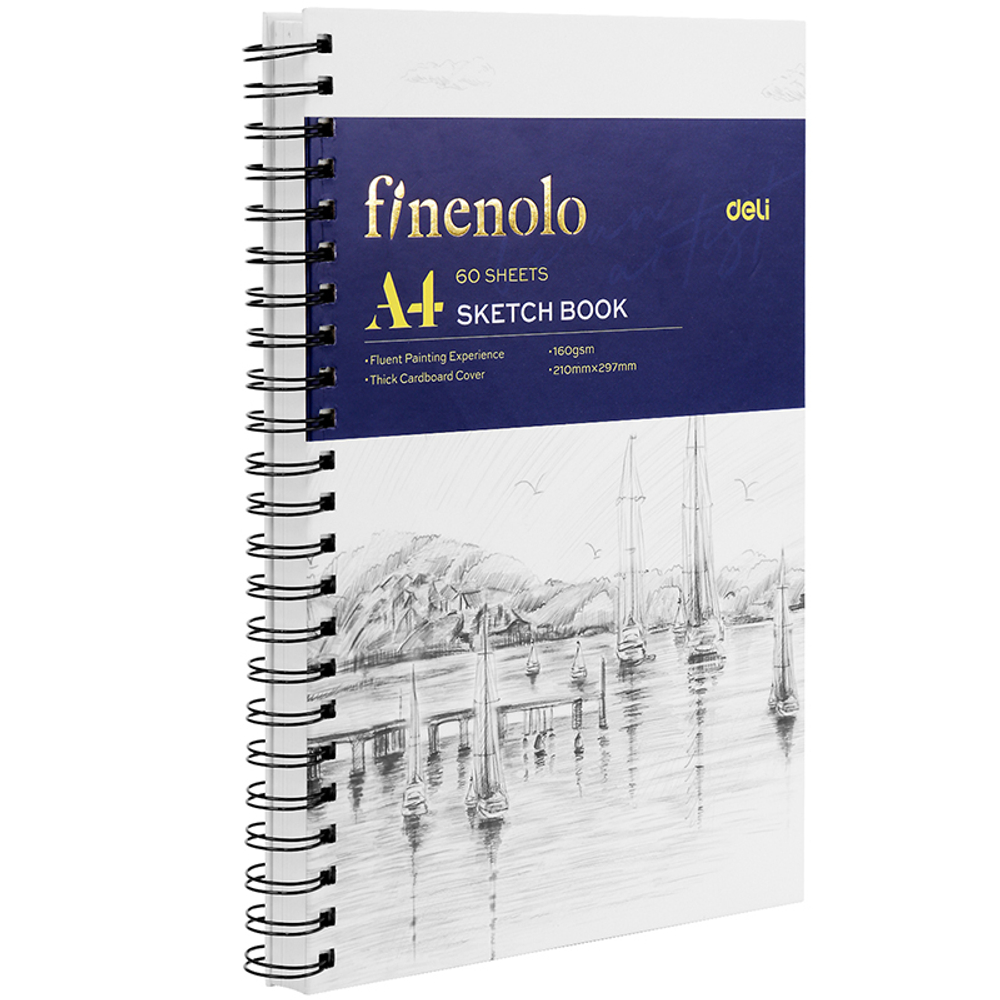 Скетчбук DELI "Finenolo ", А4, 60 л., 160 г/кв.м., жесткая подложка, на боковой спирали
