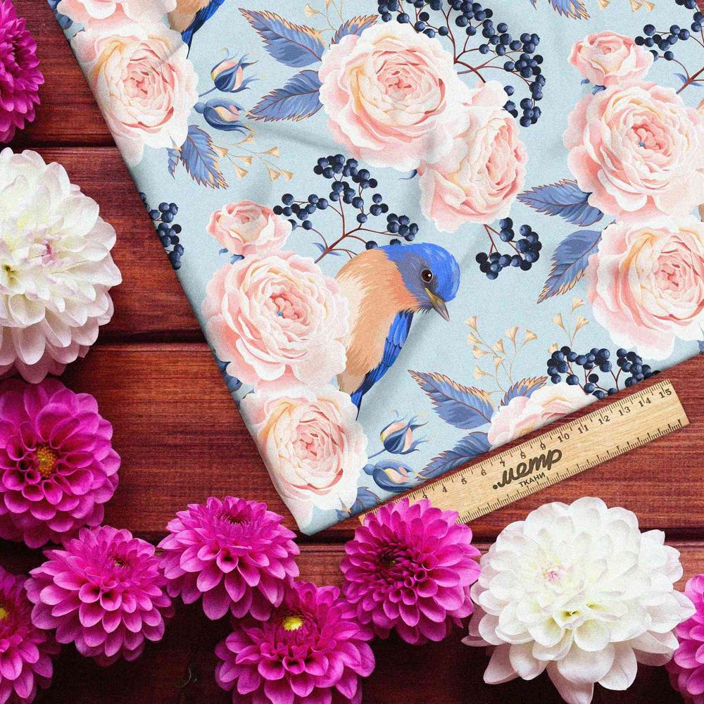 Ткань атлас голубые птицы