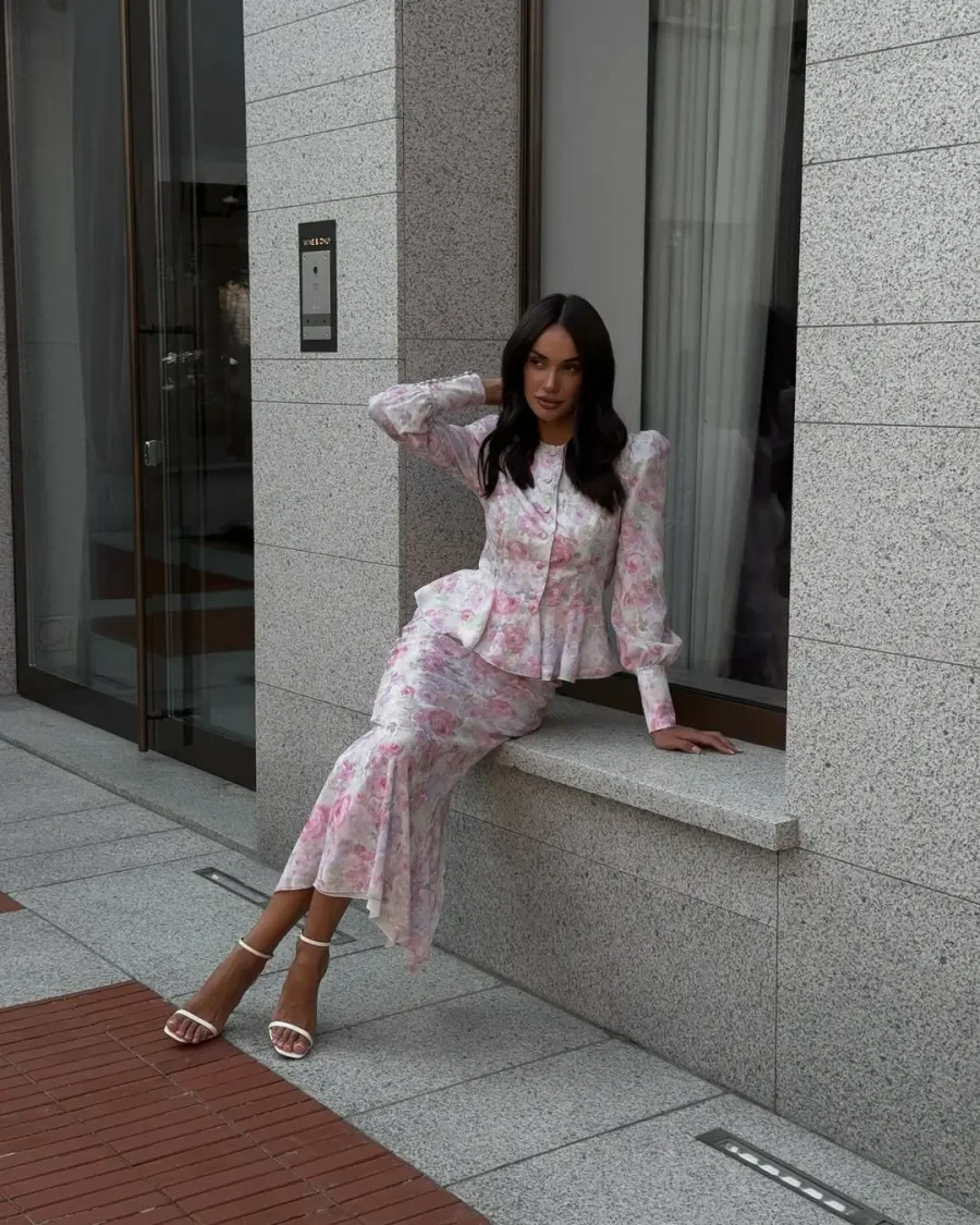 Юбка миди из фирменного цветочного принта, Молочный