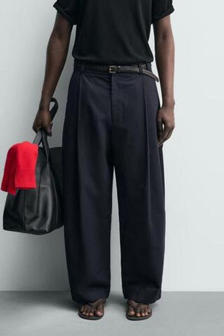 ZARA БРЮКИ СТРУКТУРНЫЕ ИЗ ХЛОПКА И ЛЬНА, МОРСКОЙ СИНИЙ