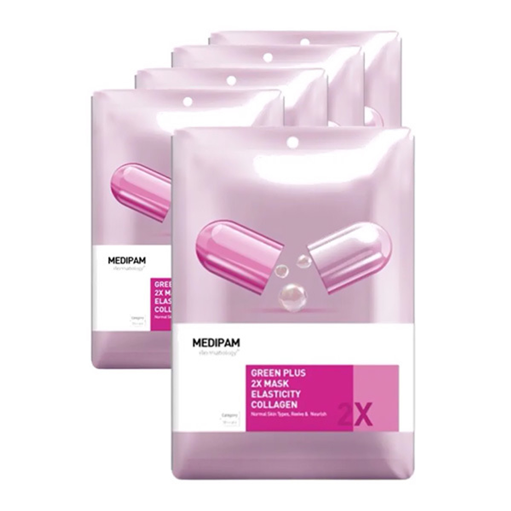 Маска для восстановления эластичности Двойной уход с коллагеном Medipam Green Plus 2x Mask Elasticity Collagen 5шт