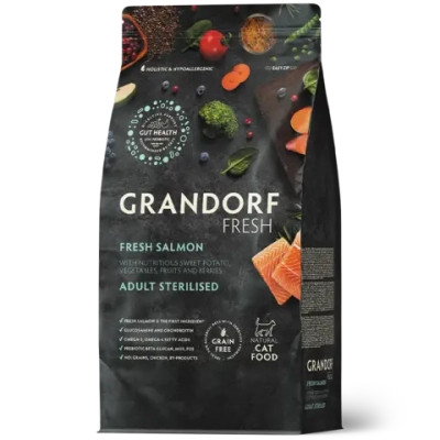 Grandorf Fresh, Fresh Salmon, Adult Sterilised для стерилизованных или пожилых кошек (Свежее филе лосося с бататом)