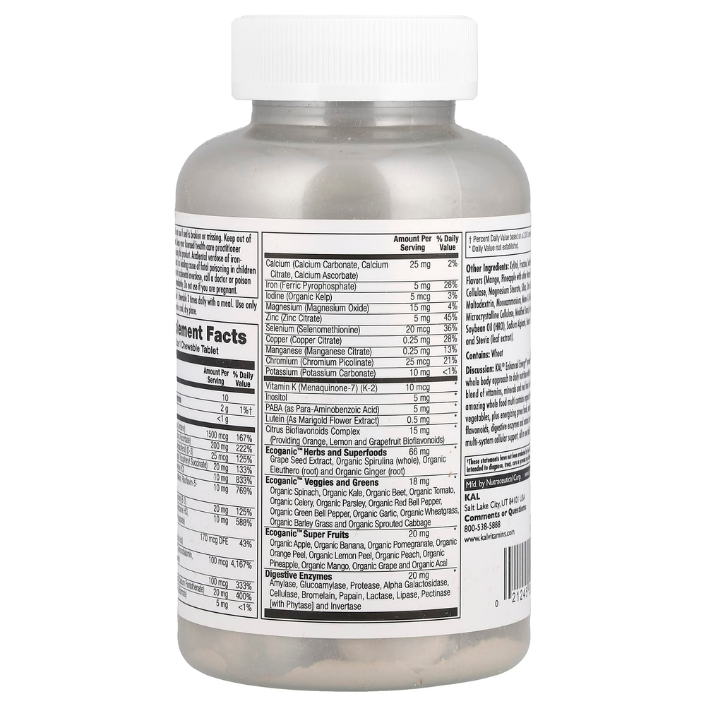 KAL, Enhanced Energy, мультивитамины из цельных продуктов, манго и ананас, 60 жевательных таблеток