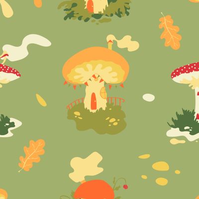 Волшебные грибы. Домики фей на светло-зелёном фоне с грибочками и дубовыми листочками. Magic fairy mushrooms