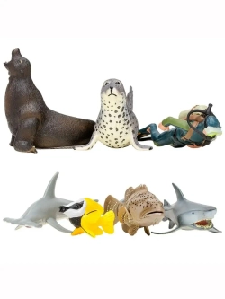 Игрушки фигурки в наборе морские животные (акула, морской леопард, рыба-лиса, рыба-молот и др)
