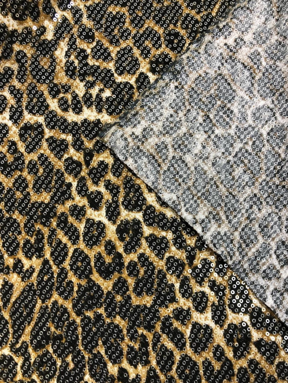 Трикотаж принт леопард, беж/коричневый, паетка прозрачн VT#18