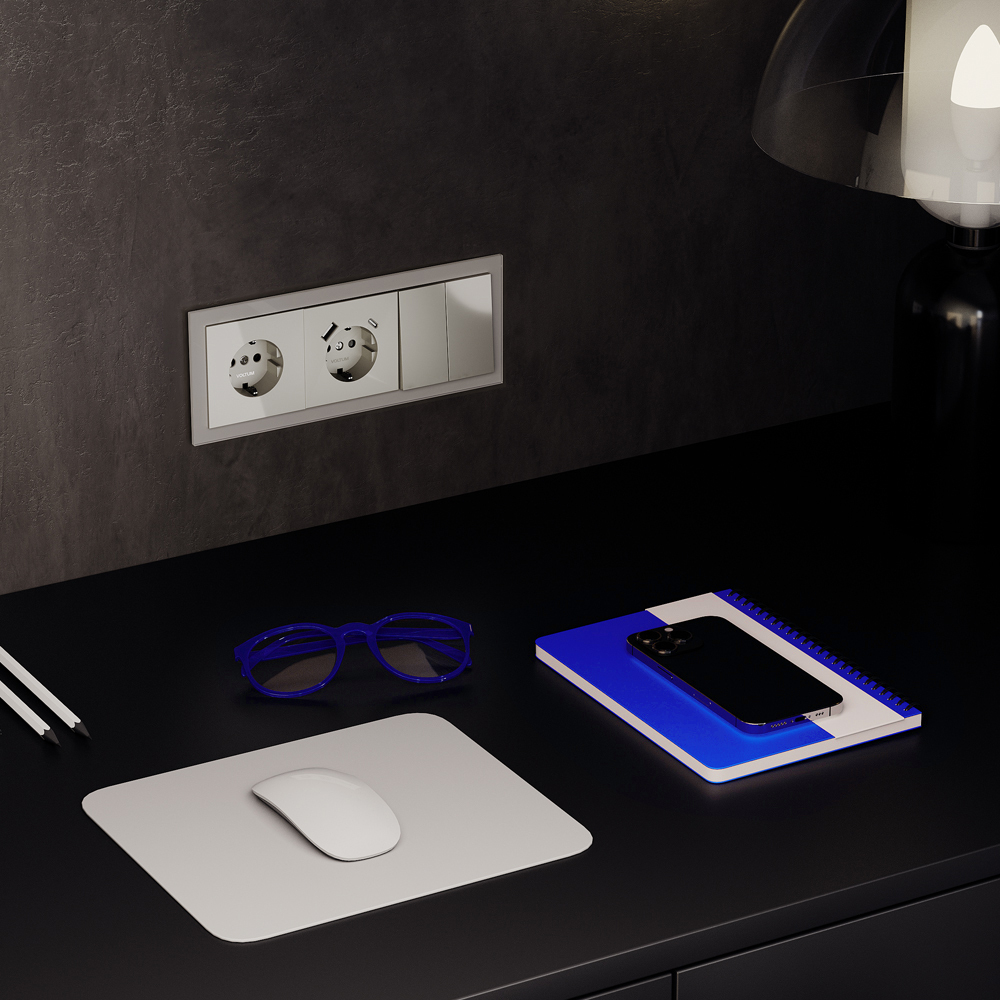 Розетка встраиваемая с заземлением и защитными шторками, 16А, с USB, A+С, (шелк) Voltum S70 VLS040504