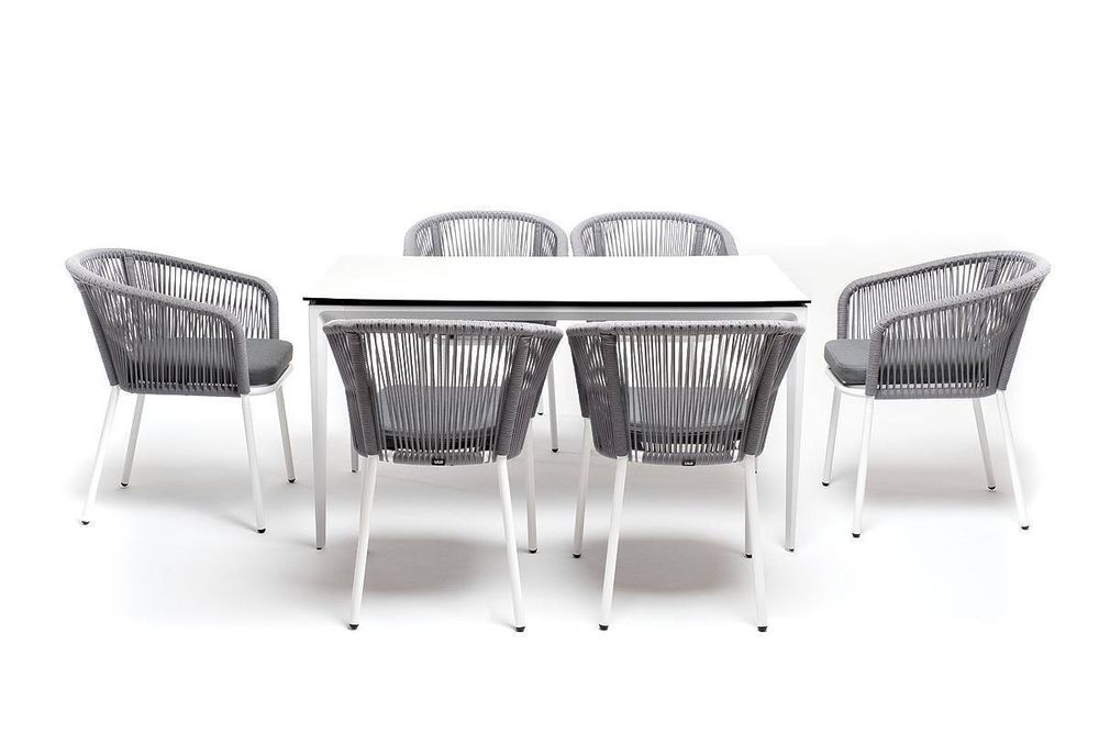 "Малага" обеденная группа на 6 персон со стульями "Марсель", каркас белый, роуп светло-серый