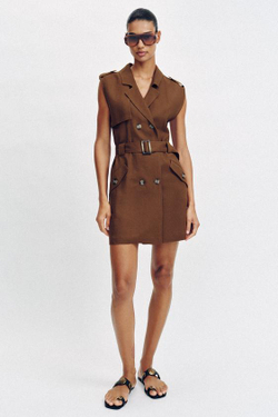 ZARA КОРОТКОЕ ПЛАТЬЕ ИЗ ЛЬНА С ПОЯСОМ, СВЕТЛО-КОРИЧНЕВЫЙ