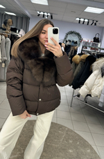 Шоколадный пуховик 60см с мехом финского песца на капюшоне