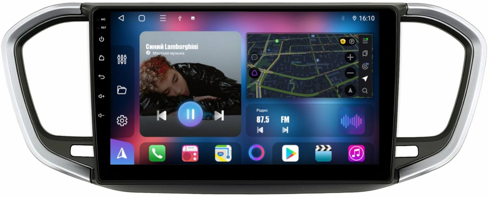 Магнитола для Lada Vesta NG 2023+ (ШГУ, рамка серебристо-черная 9) - FarCar BM7289B9S на Android 13, QLED, TS10, 4Гб+32Гб, CarPlay, 4G SIM-слот