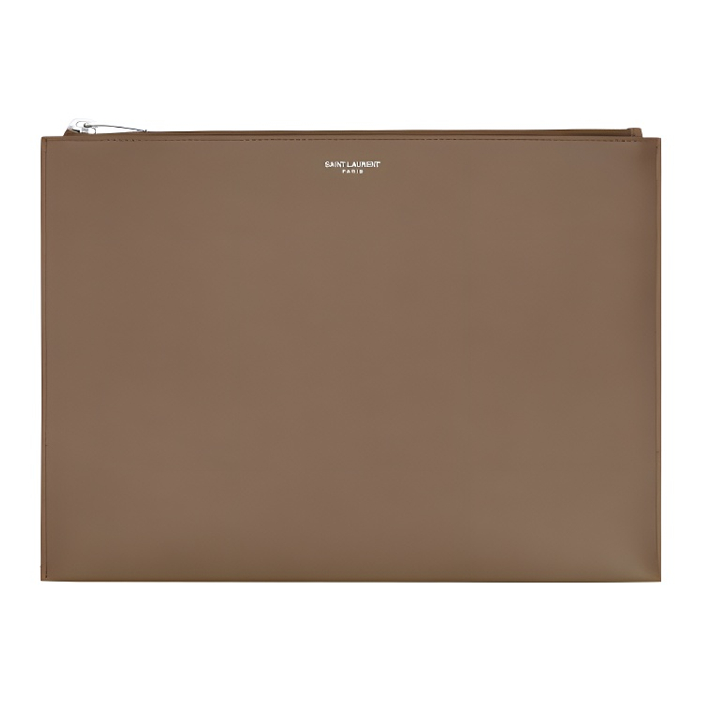 SAINT LAURENT Grain Embossed Leather Clutch Laptop Bag Men"s Brown