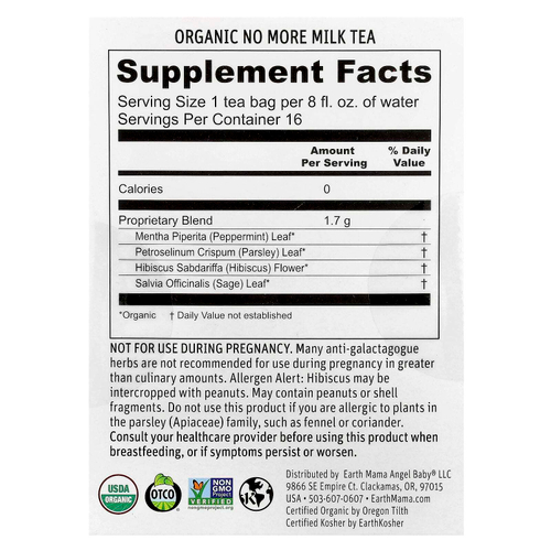 Earth Mama, Organic No More Milk Tea, освежающий чай из гибискуса, без кофеина, 16 чайных пакетиков, 27,2 г (0,96 унции)