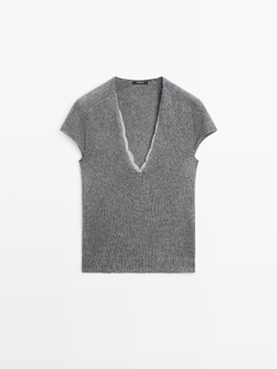 Massimo Dutti Свитер из трикотажа с короткими рукавами и отделкой кружевом, серый