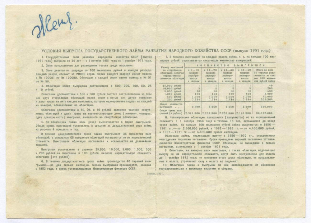 Облигация 10 рублей 1951 год. Серия № 103356. VG (подпись)