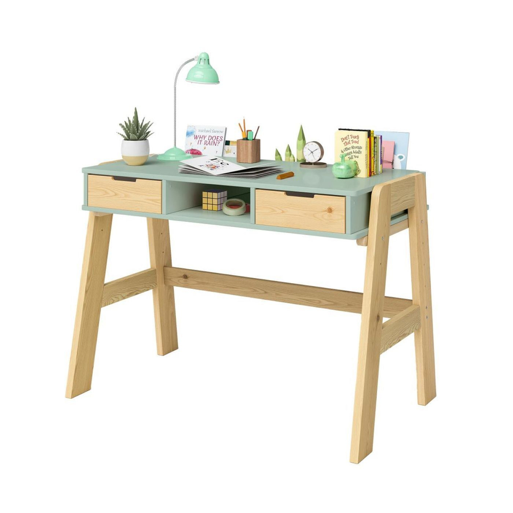Стол письменный детский, парта 2 ящика Чек многоуровневая, с ножками из массива сосны, зеленый