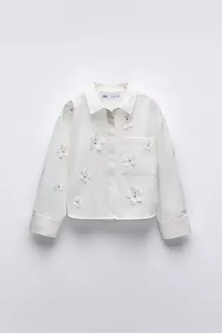 ZARA РУБАШКА С ЦВЕТОЧНЫМ УЗОРОМ 3D, БЕЛЫЙ