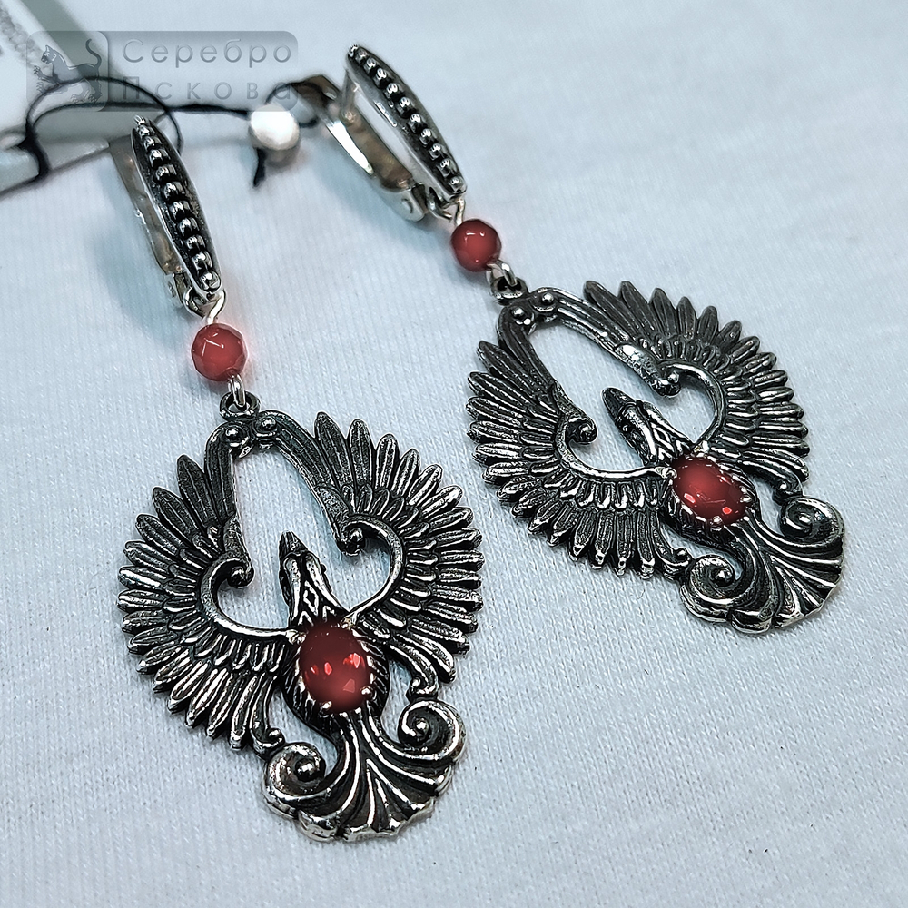 Серьги "Феникс" с гранатом/аметистом