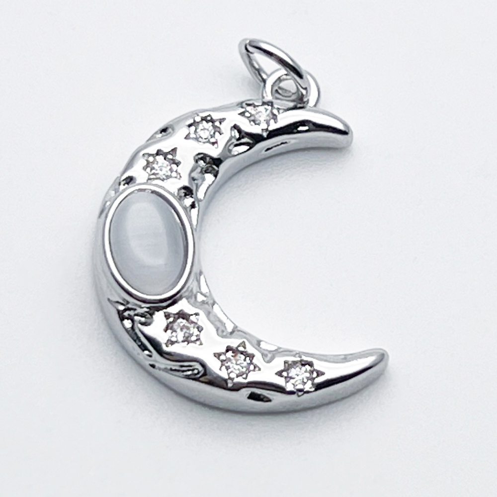 Подвеска Месяц, цвет серебро (родий), фианиты, стекло, размер 20*15 мм, цена за 1 шт