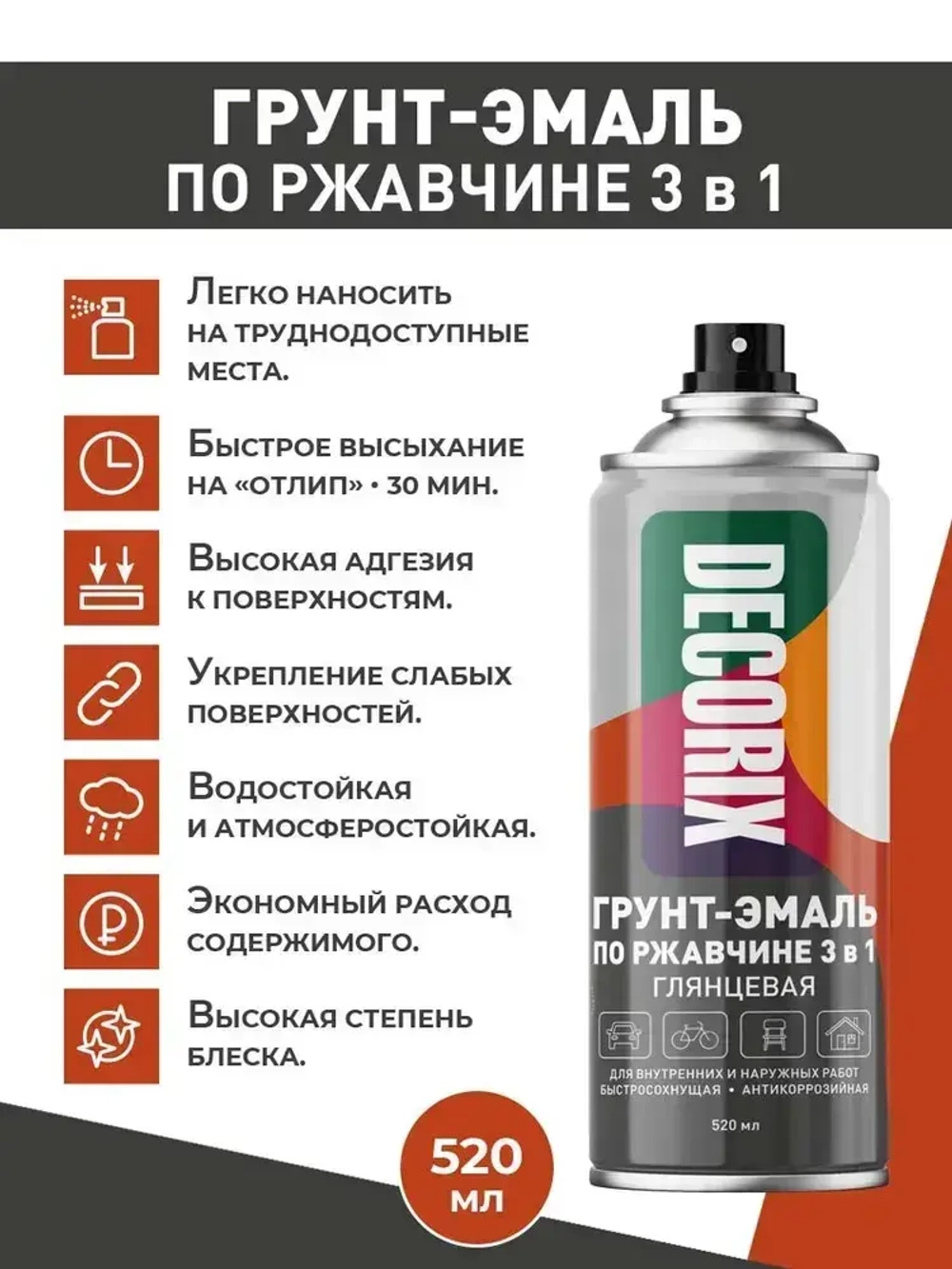 Аэрозольная грунт-эмаль по ржавчине 3 в 1 краска для металла DECORIX 520 мл глянцевая в баллончике черная - комплект 2 шт