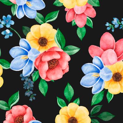 разноцветные яркие акварельные цветы на черном
