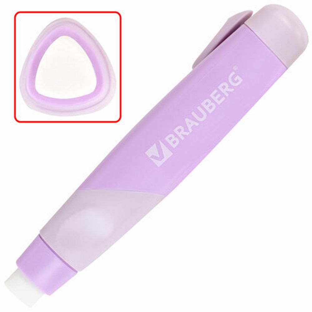 Ластик выдвижной BRAUBERG "REWIND" + 2 сменных ластика, 112х21х24 мм, белый, лавандовый корпус, блистер, 272690