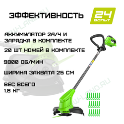 Триммер аккумуляторный Greenworks G24LT251, 24 V, 25 см, с 1хАКБ 2Ач и ЗУ, (2113307SA)