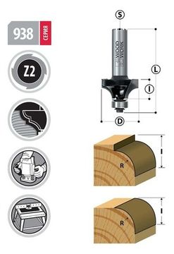 Фреза радиусная с подшипником R=1.6 мм, 15.8х48 мм, S=8 мм Woodwork 938.1606.08