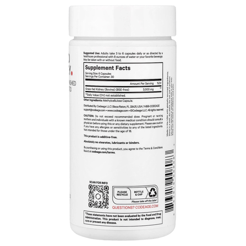 Codeage, говяжьи почки травяного откорма, 180 растительных капсул (500 мг в 1 капсуле)