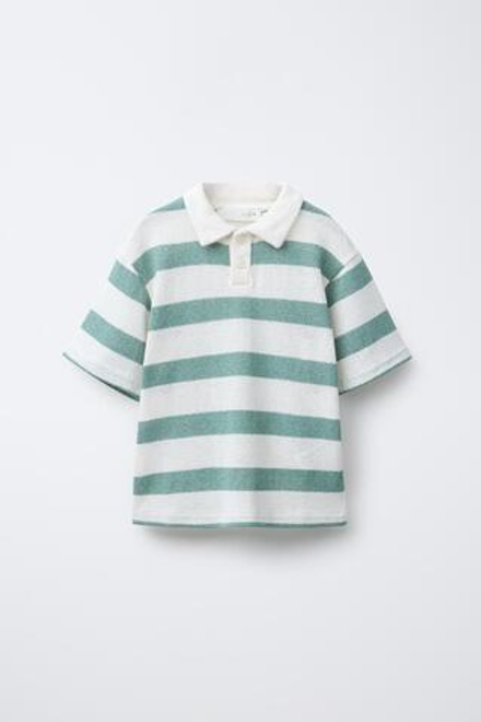 ZARA ТРИКОТАЖНОЕ ПОЛО В ПОЛОСКУ, ЗЕЛЕНЫЙ/ЭКРЮ