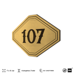 Номерок на дверь квартиры 107, для кабинета, офиса, шильдик 9 х 7 см, золотистый, Айдентика Технолоджи