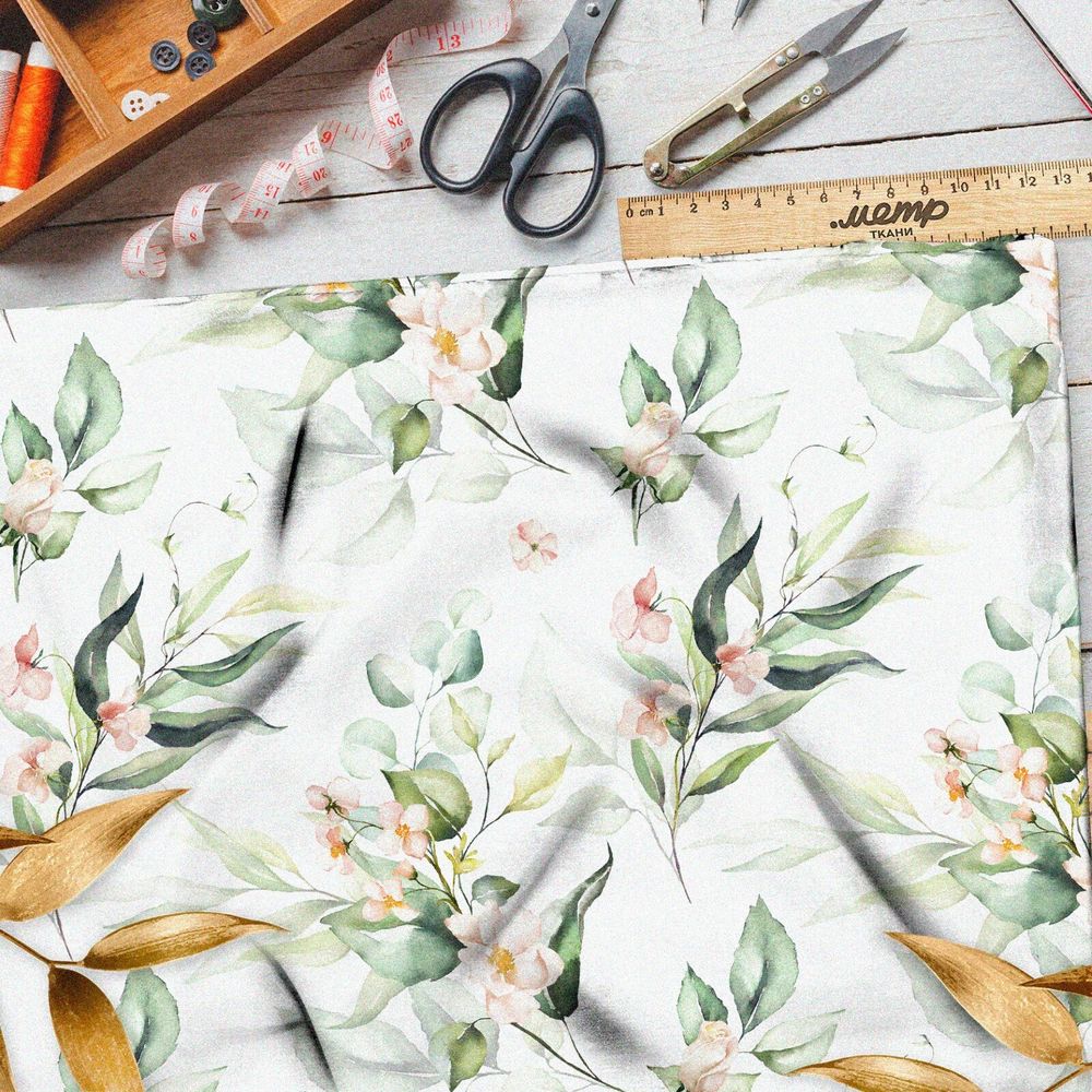Ткань сатин акварельные листья с цветами