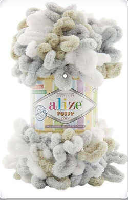 Пуффи колор (Puffy color) пряжа Alize 100%микрополиэстер 5х100г/9 м (8014 белый-св.серый-св.хаки)