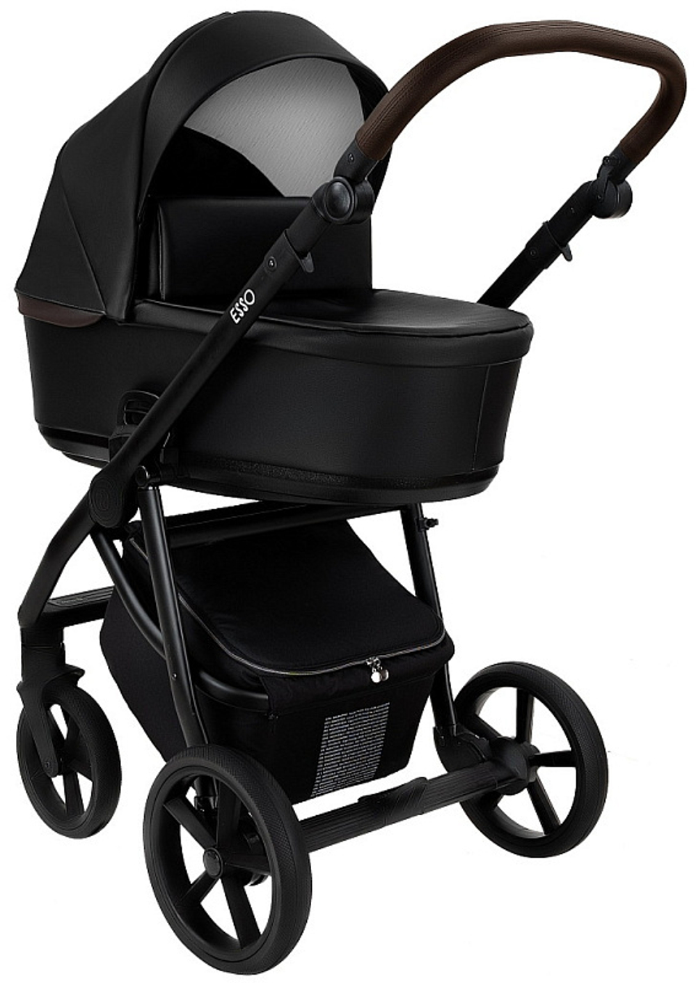 Детская коляска Roan Esso 2025 Кожа 3 в 1 с автокреслом Tutis Elo Lux Black ESSK/210/1 Black /Black/руч.Тем.коричневый