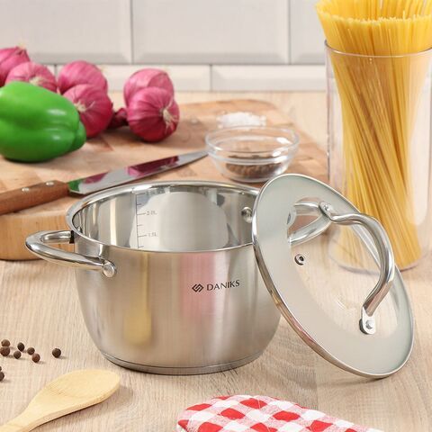 Кастрюля нерж, 3 л, с крыш, крышка стекло, Daniks, Перл, GS-01205-18, индукц
