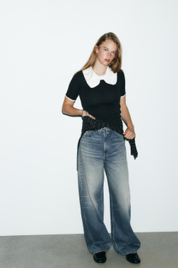 ZARA ФУТБОЛКА С ТРИКОТАЖНЫМ ВОРОТНИКОМ И БАНТОМ, ЧЕРНЫЙ