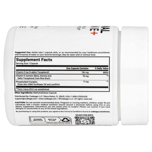 Codeage, Липосомальный витамин E +, смесь токоферолов, 90 капсул