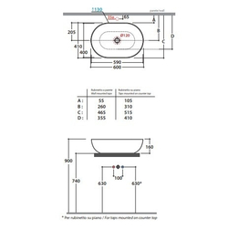 Раковина-чаша на столешницу GLOBO T-Edje 60х41 см, без отв под смеситель, цвет Agata B6O60.AT схема