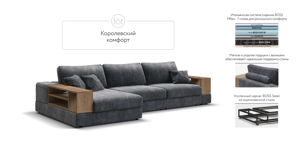 Угловой диван-кровать Босс Модуль XL левый, две полки, шенилл Глосс карбон – стильный модульный диван-кровать с полками