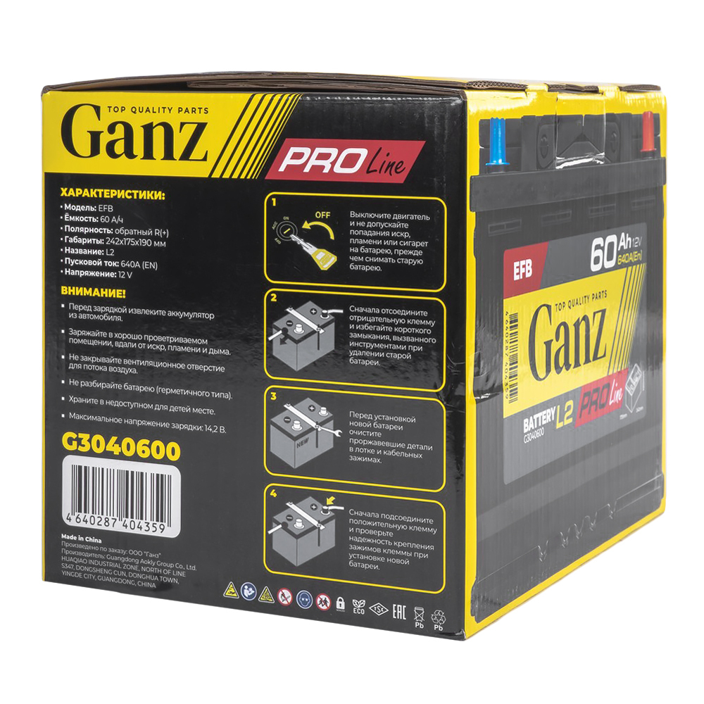Аккумулятор GANZ PRO-Line EFB 60 А/ч обратный R+ 242x175x190 L2 EN 640 А