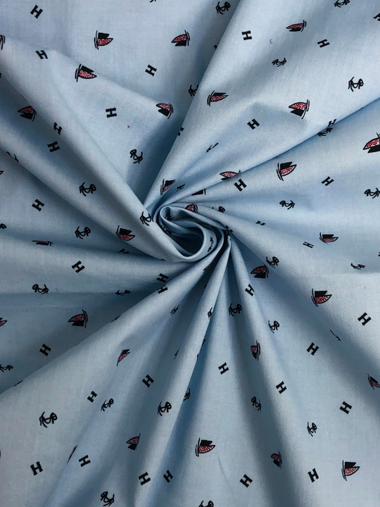 Поплин принт, кораблик, буква на голубом