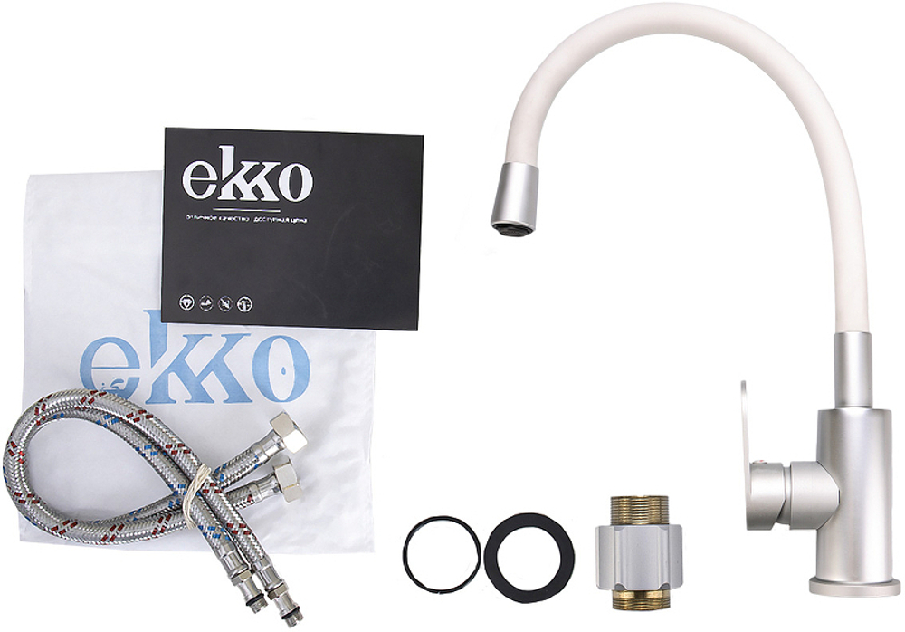 СМЕСИТЕЛЬ EKKO ДЛЯ КУХНИ ГИБКИЙ ИЗЛИВ E4263-7 БЕЛЫЙ