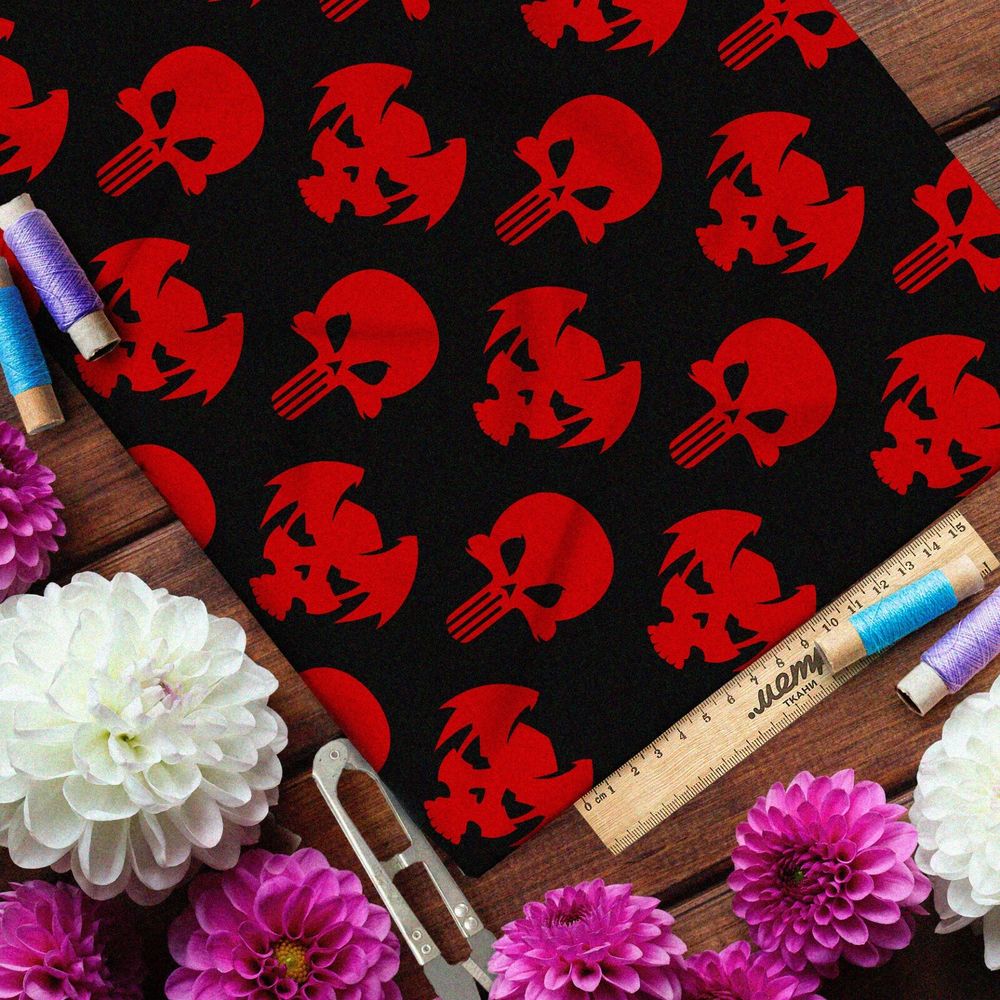 Ткань блэкаут зловещие красные черепа на чёрном фоне
