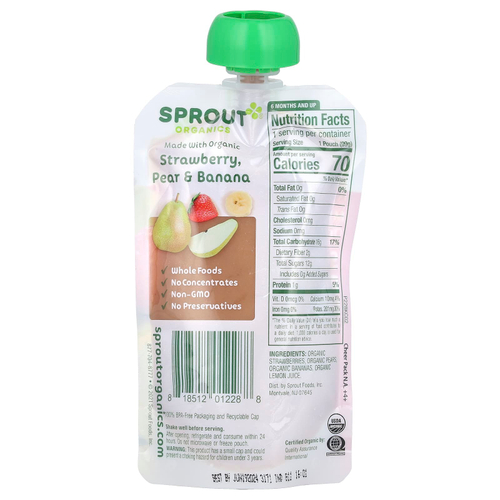 Sprout Organics, детское питание от 6 месяцев, клубника, груша и банан, 99 г (3,5 унции)