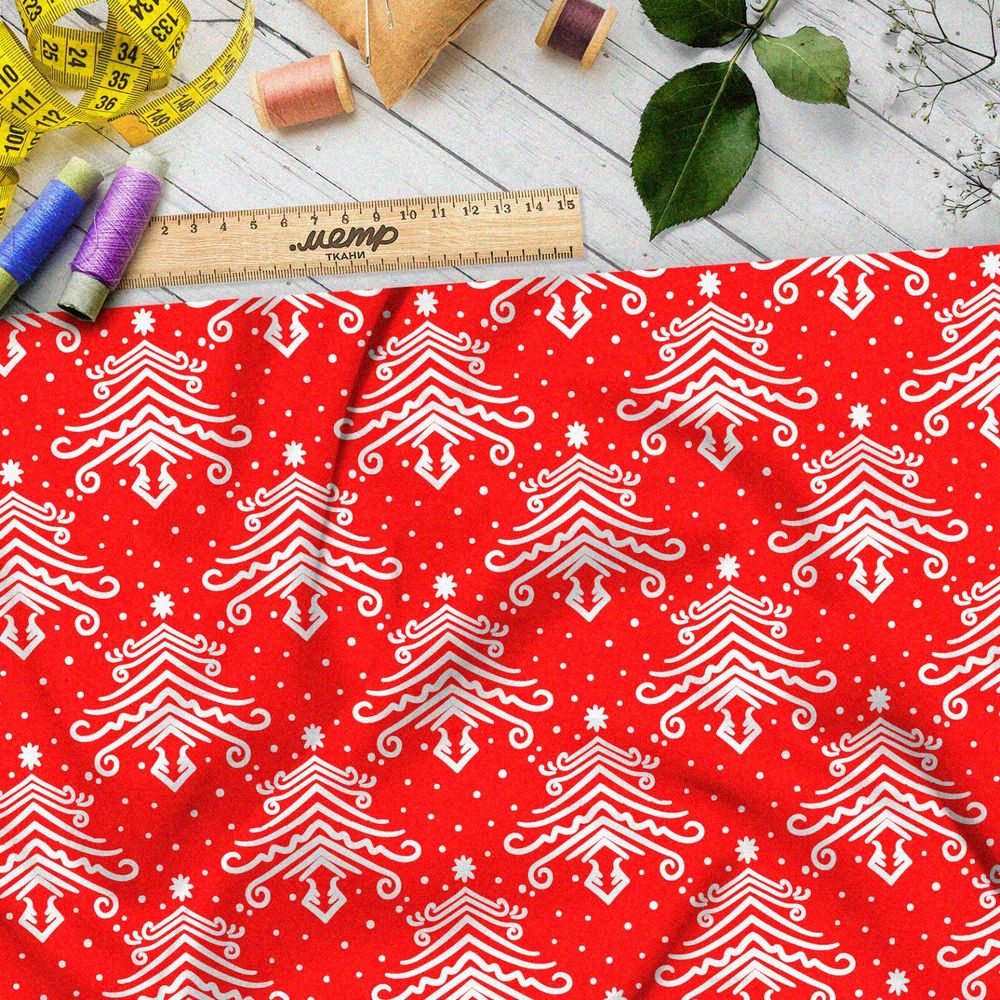 Ткань оксфорд 600 отзеркаленные белые ёлки на красном фоне