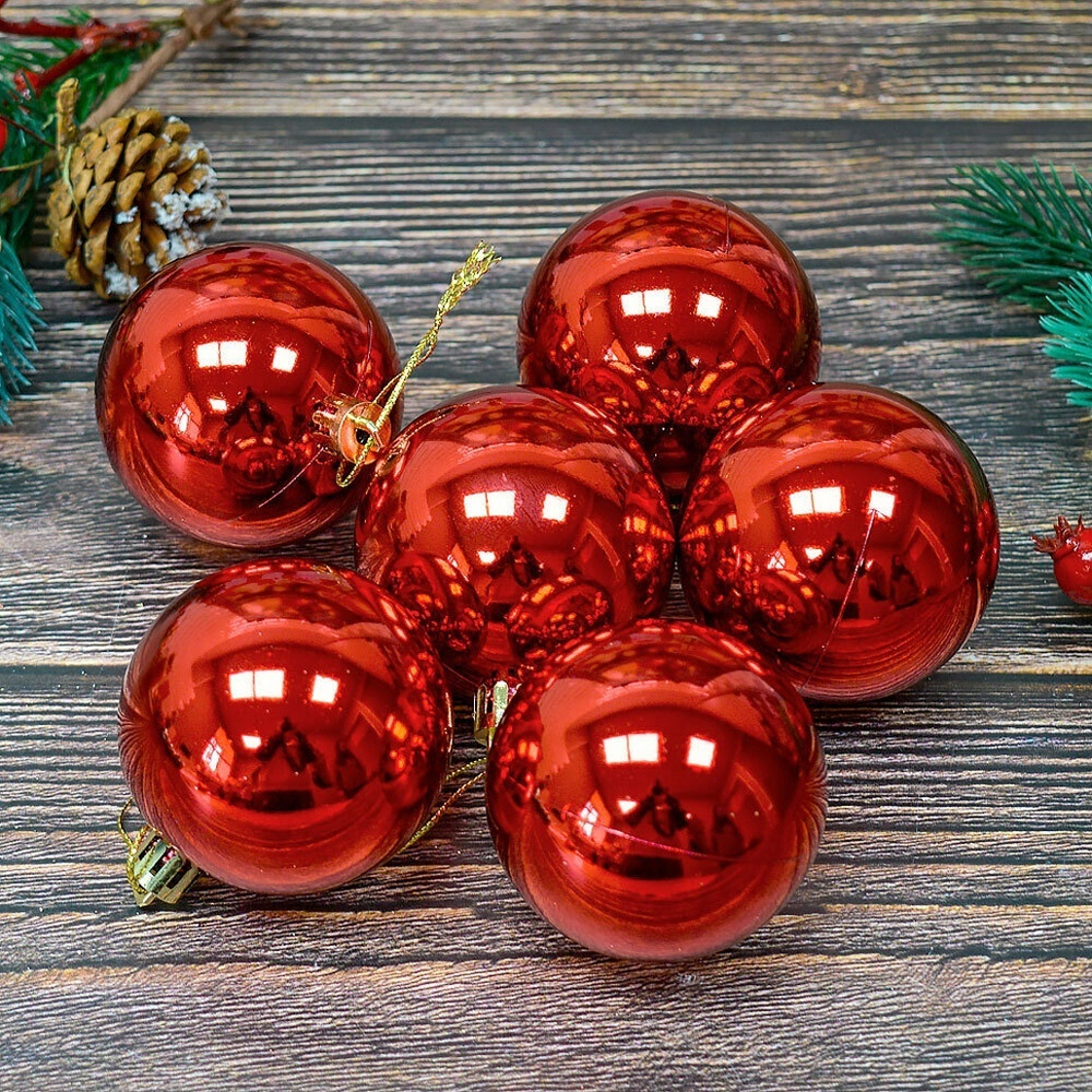 Шар новогодний 6шт 6см, глянец красный, пластик